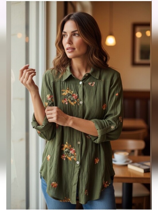 fig and flower Tops - Fig And Flower Green Floral Embroidered Button-Down Blouse